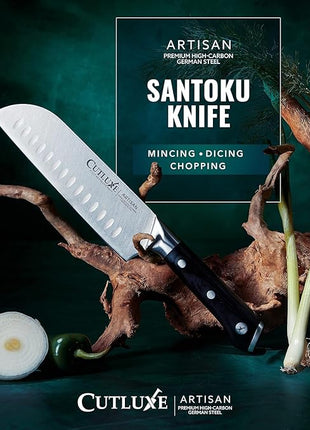 Cutluxe Santoku Knife – 7" Chopping Knife, Vegetable Knife – Forged High Carbon German Steel – Sheath Included – Full Tang & Razor Sharp – Ergonomic Handle Design – Artisan Series