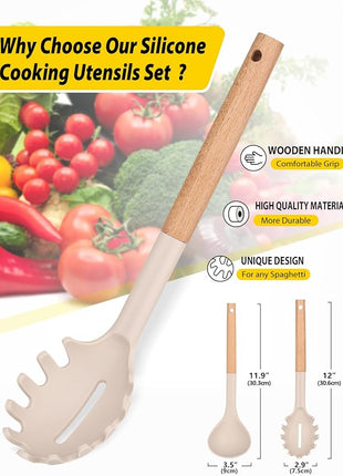 Silicone Pasta Fork and Ladle Spoon Set with Wooden Handle, Heat Resistant Non Stick Kitchen Utensils for Cooking, Stirring, Serving Spaghetti, Soup, Sauce(KHAKI)