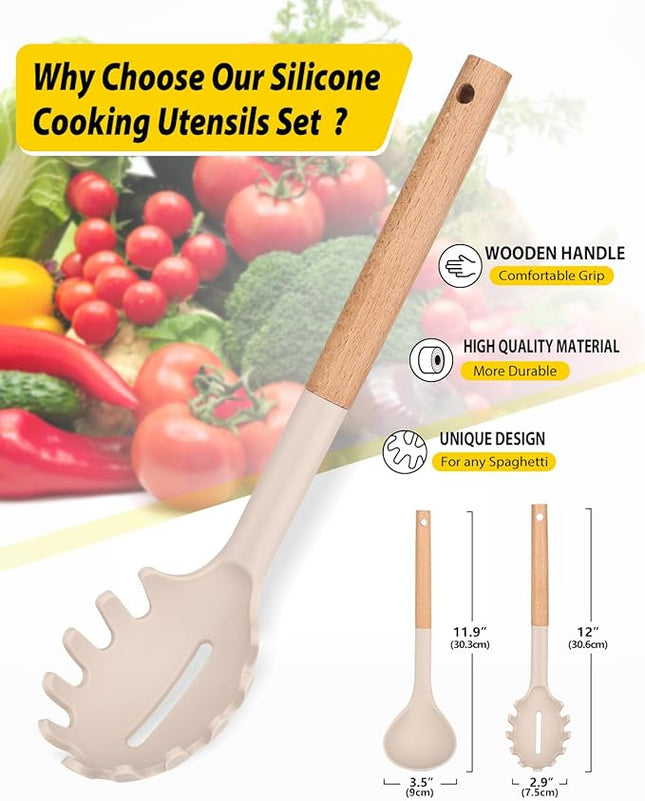 Silicone Pasta Fork and Ladle Spoon Set with Wooden Handle, Heat Resistant Non Stick Kitchen Utensils for Cooking, Stirring, Serving Spaghetti, Soup, Sauce(KHAKI)