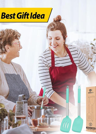 Pack of 2 Silicone Solid Turner, Non Stick Slotted Kitchen Spatulas, High Heat Resistant BPA Free Cooking Utensils, Ideal Cookware for Fish, Eggs, Pancakes(Green)