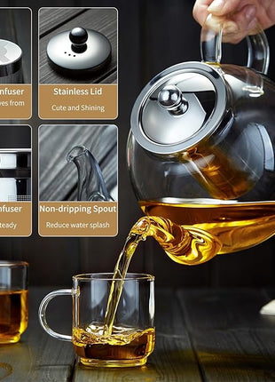 40OZ (1200ML) Glass Teapot with Infuser Stovetop Safe, Clear Glass Tea Pot Kettle, Borosilicate Tea Pot with Infusers Filter for Loose Tea, Tea Kettle Dishwasher Safe