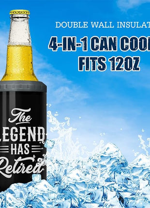 SANDJEST The Legend Has Retired 4-in-1 Design Tumbler Cup Can Cooler - 12oz Stainless Steel Insulated Cans Coozie Travel Mug Christmas, Birthday, Happy Retirement Gifts for Coworkers, Colleagues, Men