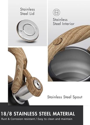 POLIVIAR Tea Kettle, Black Ti Stovetop Tea Kettle 2.7 Quart , Audible Whistling Teapot, Food Grade Stainless Steel for Anti-Rust and Anti Hot Handle, Suitable for All Heat Sources (JX2018-WB20)