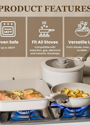 KIKCOIN Ceramic Cookware Set, 22 Pcs Nonstick Pots and Pans Set with Detachable Handles, Non Toxic Kitchen Cooking Set with Removable Handles, Induction/Dishwasher/Oven Safe, Ollas de Cocina