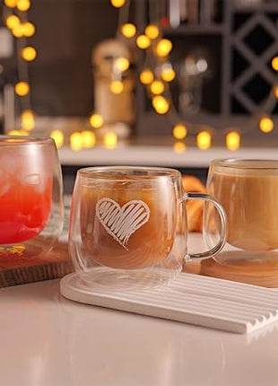CNGLASS Double Walled Glass Coffee Mugs 10oz,Large Insulated Espresso Cups,Set of 2 Clear Glasses Cappuccino Mug with Handle(Tea Latte Glassware)