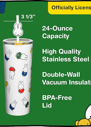 Dragon Glassware | Miffy 24 oz Vacuum Insulated Tumbler with Lid and Straw - Tumbler Cup with 2 Straws - Stainless Steel Tumbler with Straw Topper for Water, Iced Tea - Iconic