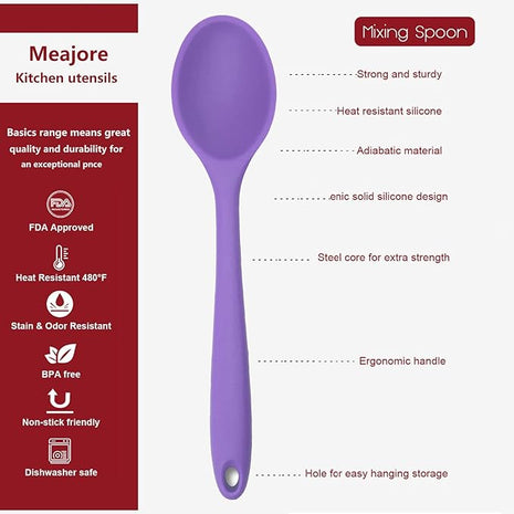 Meajore 2 Pcs Silicone Spoons for Cooking Heat Resistant, Hygienic Design Cooking Utensi Mixing Spoons for Kitchen Cooking Baking Stirring Mixing Tools (Purple)