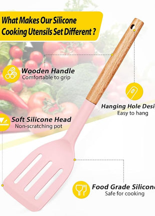 Pack of 4 Silicone Cooking Utensils Set, Non Stick Solid Spatulas and Heat Resistant Slotted Spoons with Wooden Handle, Ideal Wood Kitchen Utensils Set for Frying,Serving,Turning,Stirring (PINK)