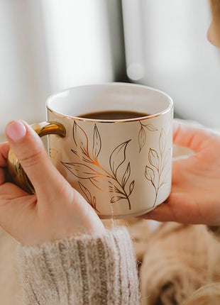 Sweet Water Decor Gold Leaves Mug with Gold Handle, 14oz Fine Bone China Coffee Cup for Tea, Latte, or Hot Cider, Autumn Leaf Drinkware, Fall Decorations for Kitchen, Gift for Mom, Sister & Wife