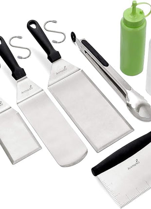 Metal Spatula and Scraper Set - Griddle Accessories kit - Grill Tongs Flat Spatula Pancake Flipper Hamburger Turner Squeeze Bottles Set - Metal Utensil Great for BBQ Grill Flat Top Cast Iron