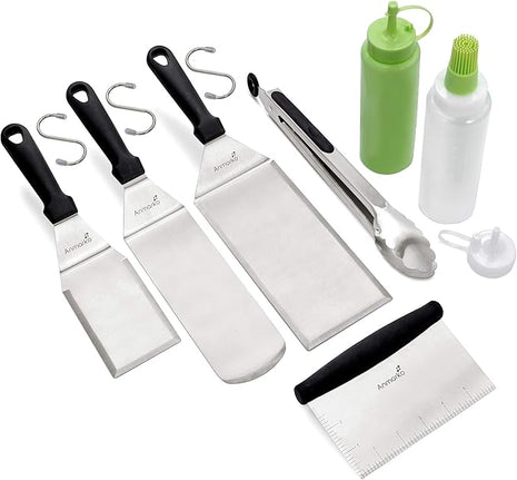 Metal Spatula and Scraper Set - Griddle Accessories kit - Grill Tongs Flat Spatula Pancake Flipper Hamburger Turner Squeeze Bottles Set - Metal Utensil Great for BBQ Grill Flat Top Cast Iron