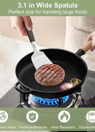 Beijiyi Stainless Steel Spatula Set, 2 Pcs Small Metal Spatula for Cast Iron Skillet, Solid and Slotted Turner Spatulas for Kitchen Use with Silicone Handle, Cooking Utensils for Eggs, Burger, Steak