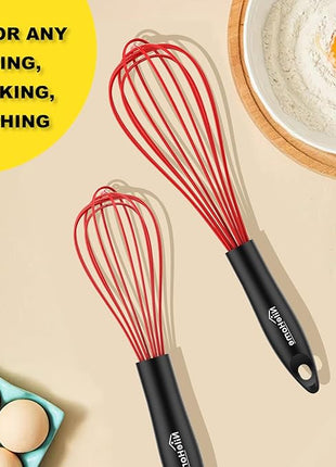 NileHome Silicone Whisk Set 8" 10" 12", 3 Pack Kitchen Whisk Kitchen Wisk Wire Whisks for Cooking, Whisking, Blending, Beating, Stirring-Red