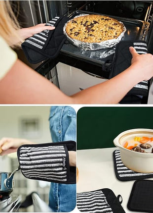 Silicone Pot Holders Set of 3 Heat Resistant & Non Slip Potholders, Professional Oven Hot Pads with Pockets Mitts for Kitchen Cooking Baking Barbecue (3, Black)