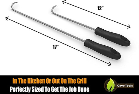 Cave Tools Food Flipper and Meat Hook for Grilling, Flipping, and Turning Vegetables and Meats BBQ Grill and Smoker Accessories, Left Handed, Large (17 Inch) + Small (12 Inch)