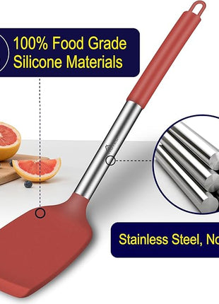 HOTEC Silicone Spatula Set of 2 Heat-Resistant 600°F & BPA-Free Kitchen SaptulaTurner with Stainless Steel Handles, Slotted & Solid Spatulas for Nonstick Cookware, 13.7 Inch, Red