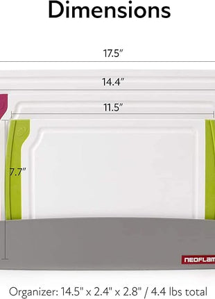 Neoflam 4 Piece Plastic Coded Cutting Board Set plus Organizer with Food Icon, Microban Protection, Extra Large, BPA Free, Juice Groove, Non Slip, Dishwasher Safe, Multicolor