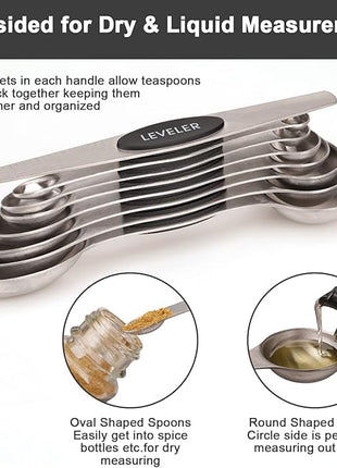 Aovchei 8 PCS Magnetic Measuring Spoons Set, Dual Sided, Stainless Steel Small Tablespoon, Teaspoons, Fits in Spice Jars, for Dry and Liquid, Black