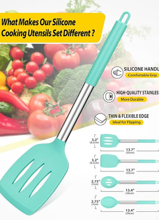 Pack of 4 Silicone Cooking Utensils Set, Non Stick Large Solid Spatulas, Heat Resistant Blue Slotted Spoons, Ideal BPA Free Kitchen Turners for Frying, Mixing,Serving,Draining,Turning,Stirring