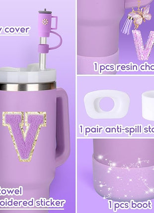 Mity rain 6PCS Cup Accessories Set for Stanley Cup 30oz 40oz tumbler with handle, Including Silicone Straw Topper Cover Cap and Boot, Spill Proof Stopper, Handle Charm, Initials Sticker (Letter V)