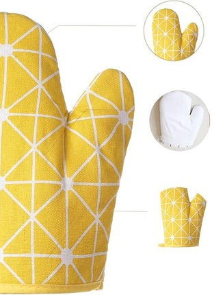 Oven Mitts and Potholders BBQ Gloves-Oven Mitts and Pot Holders with Recycled Infill Silicone Non-Slip Cooking Gloves for Cooking Baking Grilling (4-Piece Set,Yellow)