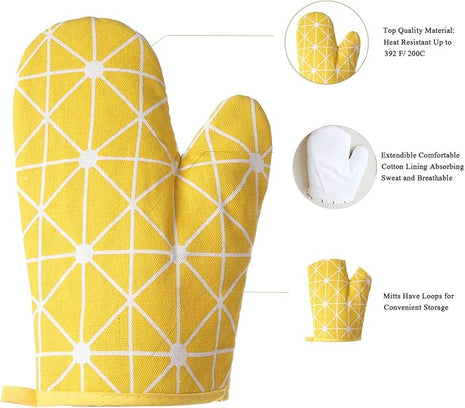 Oven Mitts and Potholders BBQ Gloves-Oven Mitts and Pot Holders with Recycled Infill Silicone Non-Slip Cooking Gloves for Cooking Baking Grilling (4-Piece Set,Yellow)