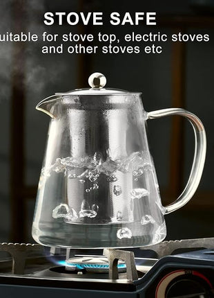 PARACITY Glass Teapot Stovetop 44 OZ, Borosilicate Clear Tea Kettle with Removable 18/8 Stainless Steel Infuser, Teapot Blooming and Loose Leaf Tea Maker Tea Brewer for Camping, Travel (1300ml)