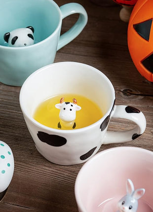DIHOclub Cow Ceramic Cup Hidden 3D Animal Inside Mug,Cute Cartoon Handmade Figurine Mugs,Holiday and Birthday Gift for Coffee Milk Tea Lovers,12 OZ(White,Black)