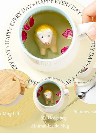 BigNoseDeer Hedgehog Mug Cute Mugs with 3D Hedgehog Inside Ceramic Coffee Mug with Spoon and Lid Mugs for milk,coffee and tea lovers Birthday Cute Gifts for Women 13.5oz