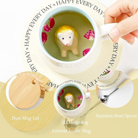 BigNoseDeer Hedgehog Mug Cute Mugs with 3D Hedgehog Inside Ceramic Coffee Mug with Spoon and Lid Mugs for milk,coffee and tea lovers Birthday Cute Gifts for Women 13.5oz