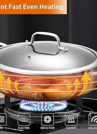 DELARLO Tri-Ply Stainless Steel 7QT Saute Pan 12 Inch Deep Frying Pan with lid Nonstick, Induction Compatible Chef Cooking Pan