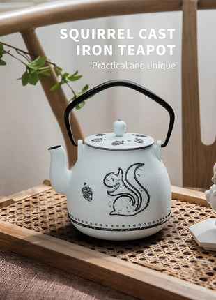 Toptier Teapot with Removable Infuser, Cast Iron Tea Kettle Stovetop Safe, Squirrel Design Tea Pot Coated with Enameled Interior for 32 Ounce (950 ml), Light Blue