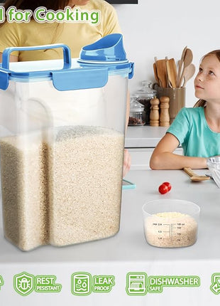 Rice Storage Container, 5 to 10lb Dry Food Airtight Dispenser, Pet Dog Cat Food Canister, BPA Free Clear Plastic Kitchen and Pantry Organization Bin for Oatmeal, Grain, Cereal, Pasta, Flour