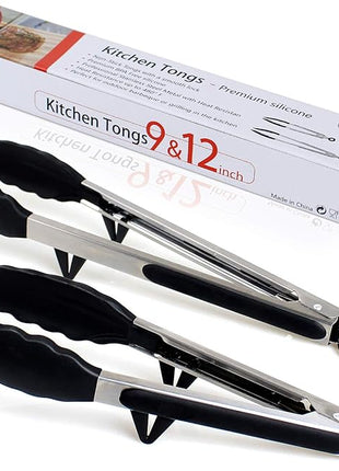 Silicone Tongs for Air Fryer, 2 Pack, Black Color, Premium Silicone BPA Free Non-Stick Stainless Steel Locking Food Tongs, 9-Inch and 12-Inch