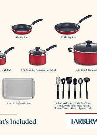 Farberware Cookstart DiamondMax Nonstick Cookware/Pots and Pans Set, Dishwasher Safe, Includes Baking Pan and Cooking Tools, 15 Piece - Red
