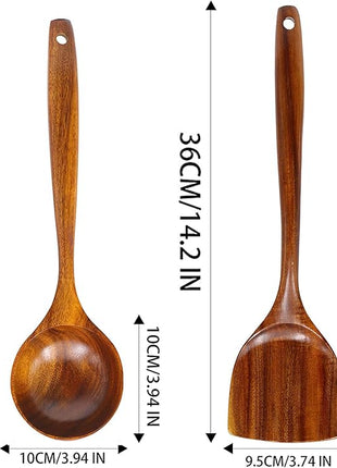 FJNATINH Wooden Wok Spatula Ladle Tool Set, 14-inch Long Handle Teak Wok Spatula