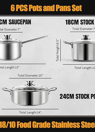 Aufranc Stainless Steel pots and pans set, 6 Piece Nonstick Kitchen Induction Cookware Set,Works with Induction/Electric and Gas Cooktops, Nonstick, Dishwasher
