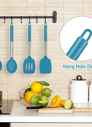 Pack of 4 Large Silicone Cooking Spatulas and Spoons, Slotted and Solid Stainless Steel Cooking Utensils Set, Non-stick Heat Resistant Kitchen for Baking, Fried, Stir-Fry, Mixing, Serving (Blue)