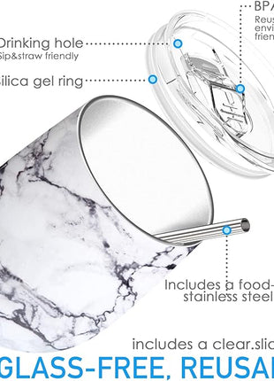 THILY Stainless Steel Stemless Wine Tumbler 12 oz Triple-Insulated Stemless Glass with Lid and Straw, Durable Reusable Travel Coffee Cup, Keep Hot or Cold for Wine, Coffee, Beer, Juice, White Marble