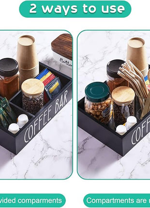 ALEION Coffee Station Organizer - Wood Countertop Accessories Organizer with Removable Dividers for Pods Condiment Syrup Tea Cups Stirrers - for Farmhouse Coffee Bar Decor