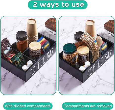 ALEION Coffee Station Organizer - Wood Countertop Accessories Organizer with Removable Dividers for Pods Condiment Syrup Tea Cups Stirrers - for Farmhouse Coffee Bar Decor