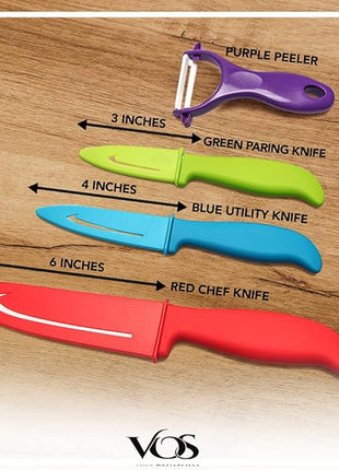 Vos Ceramic Knife Set with Peeler, Ceramic Knives Set For Kitchen, Ultra Sharp Kitchen Knife Set with Covers, 3" 4" 6" Paring, Utility & Chef Knife, Lightweight, Dishwasher safe (Multi-Color Handle)