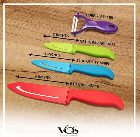 Vos Ceramic Knife Set with Peeler, Ceramic Knives Set For Kitchen, Ultra Sharp Kitchen Knife Set with Covers, 3" 4" 6" Paring, Utility & Chef Knife, Lightweight, Dishwasher safe (Multi-Color Handle)