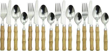 The Original Brink House Beyond Bamboo Stainless Steel Cutlery Set with Naturalistic Bamboo Handles / 16 pieces with Metal Stand, Lifestyle utensils set for home, first apartment, dorm, outdoor events