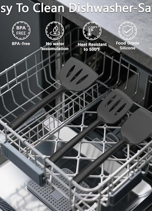 Coukre Silicone Kitchen Cooking Utensils Set with Holder – Heat-Resistant, Food-Grade Kitchen Tools, Spatula, Spoon & Gadgets for Non-Stick Pans, Dishwasher Safe (14, PureBlack)