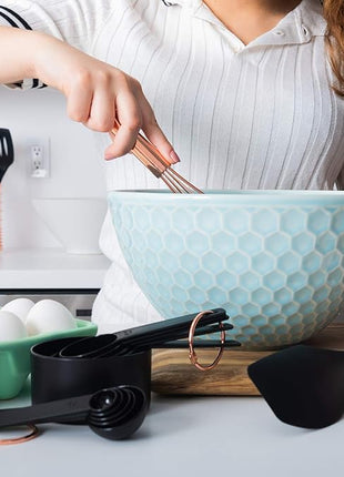 Black and Copper Kitchen Utensils with Holder - 17 Piece Set with Measuring Cups and Spoons, Rose Gold Cooking Tools - Stylish Black and Copper Kitchen Accessories for Modern Cooking and Baking