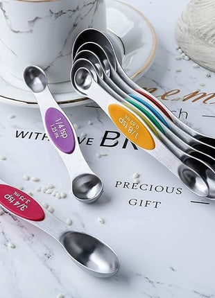 Magnetic Measuring Spoons Set of 7 Stainless Steel Stackable Dual Sided Teaspoon Tablespoon for Measuring Dry and Liquid Ingredients, Fits in Spice Jar