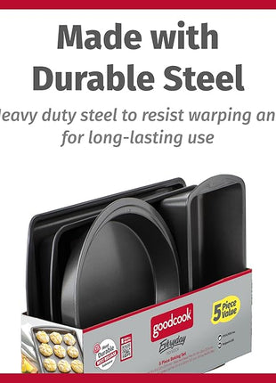 GoodCook Everyday Nonstick Steel 5-Piece Bakeware Set, Gray, Includes Cookie Sheet, Cake Pan, Loaf Pan, Muffin Pan, and Roast Pan, Durable and Scratch-Resistant Baking Set
