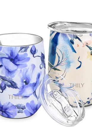 THILY Stainless Steel Insulated Wine Tumbler Stemless Wine Glass with Sliding Lid and Straw, Keep Coffee or Cocktails Cold, Cute Gifts for Women, 2 Pack(Iridaceae+Orchid)