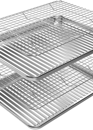 ROTTAY Baking Sheet, Half Sheet Pan with Cooling Rack Set [2 Pans + 2 Racks], Stainless Steel Baking Pan for Oven, Warp Resistant & Heavy Duty & Rust Free, Size 18 x 12 x 1 Inches